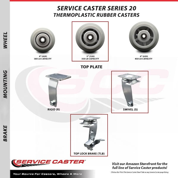 5 Inch Thermoplastic Rubber Swivel Caster Set with Ball Bearings 2 Brakes